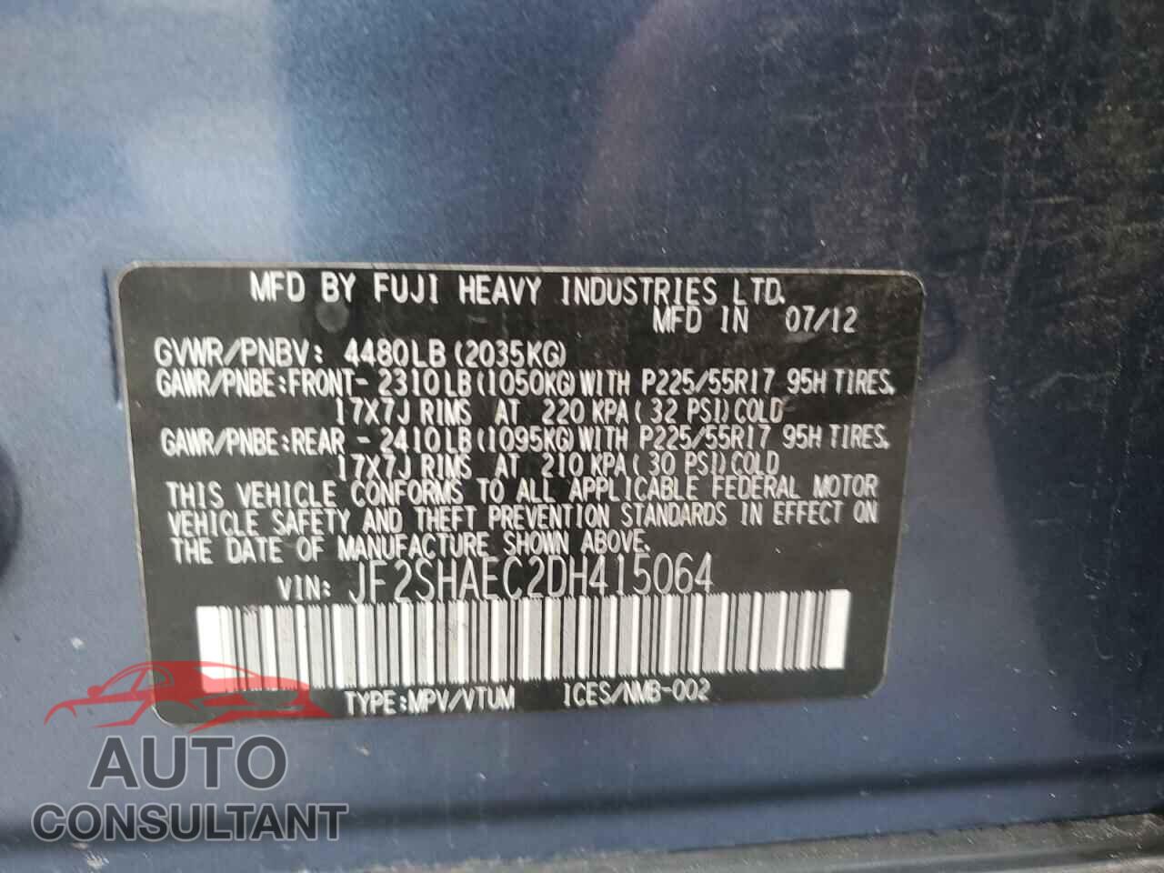 SUBARU FORESTER 2013 - JF2SHAEC2DH415064