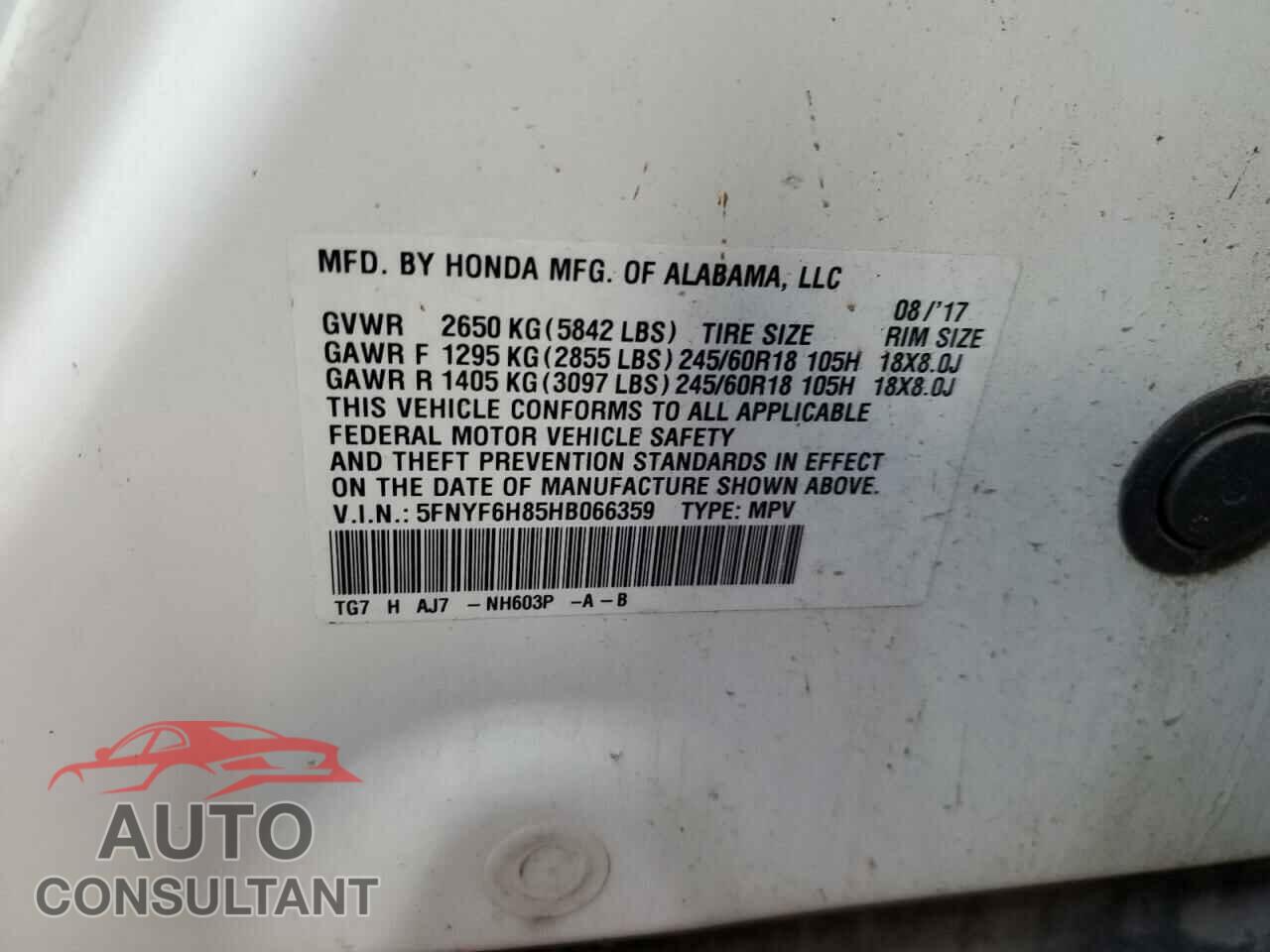 HONDA PILOT 2017 - 5FNYF6H85HB066359