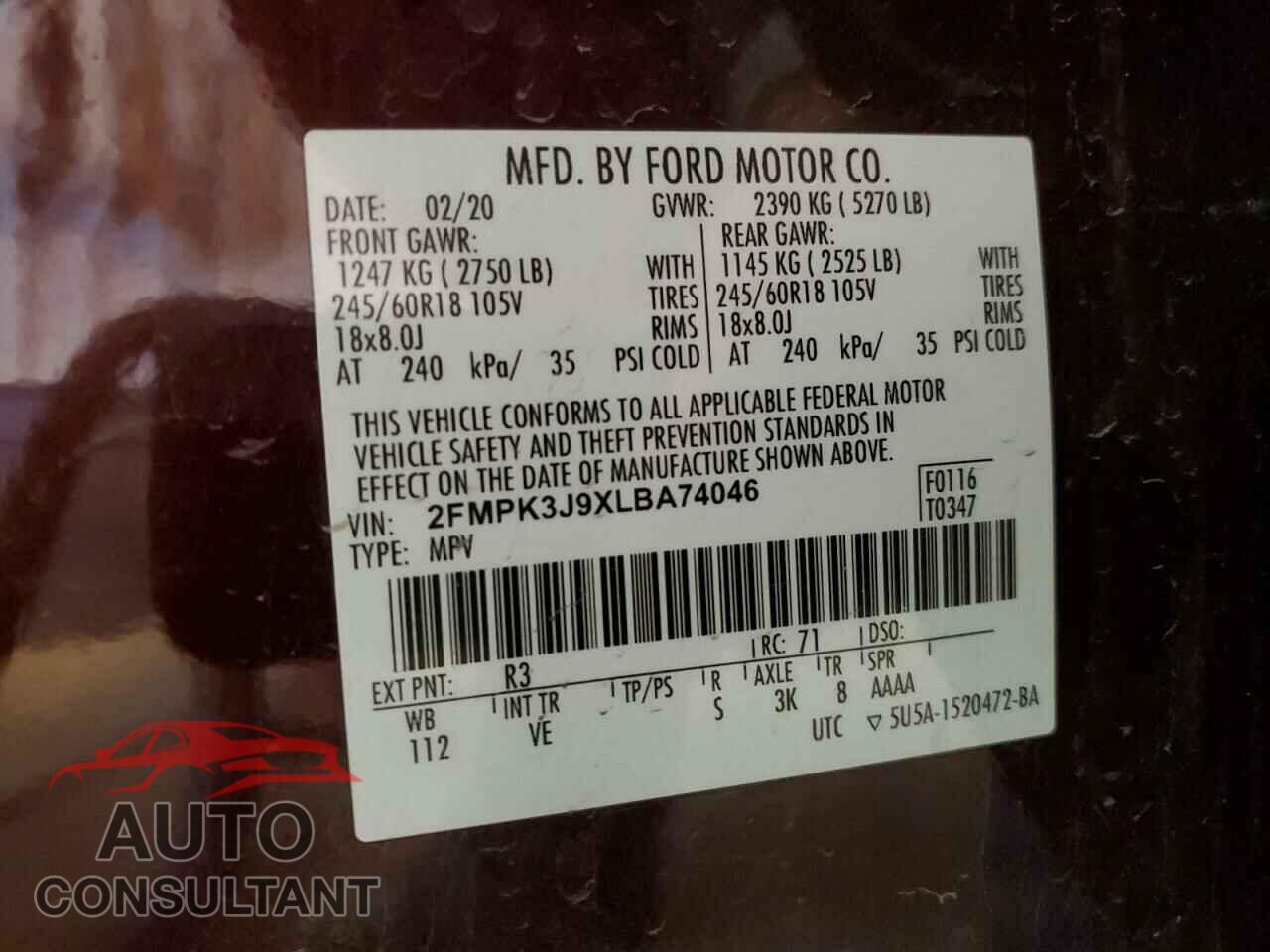 FORD EDGE 2020 - 2FMPK3J9XLBA74046