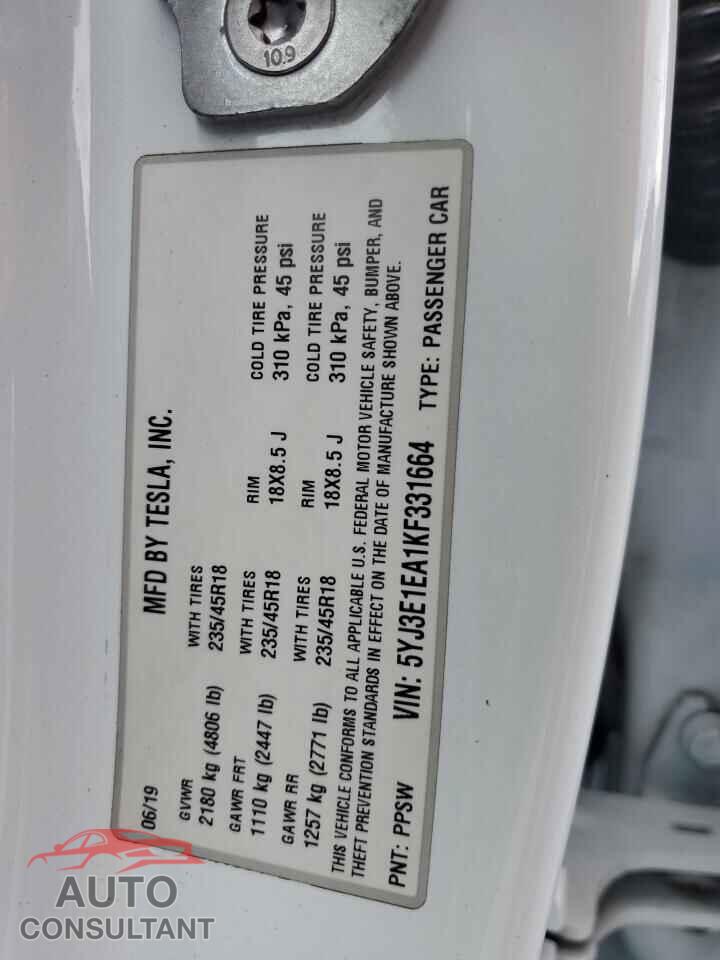 TESLA MODEL 3 2019 - 5YJ3E1EA1KF331664