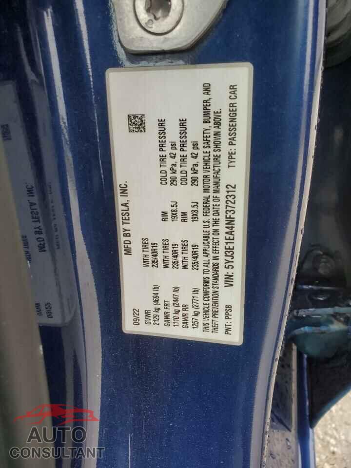 TESLA MODEL 3 2022 - 5YJ3E1EA4NF372312