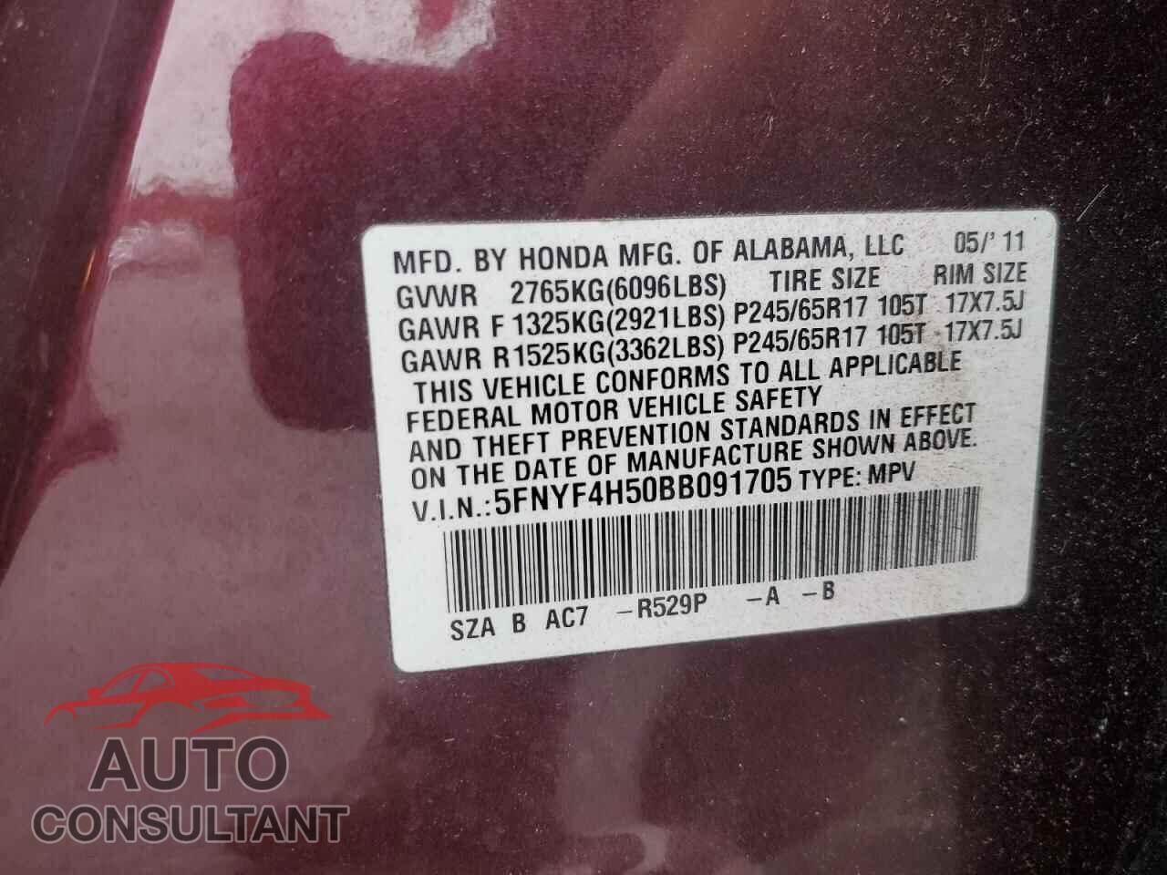 HONDA PILOT 2011 - 5FNYF4H50BB091705