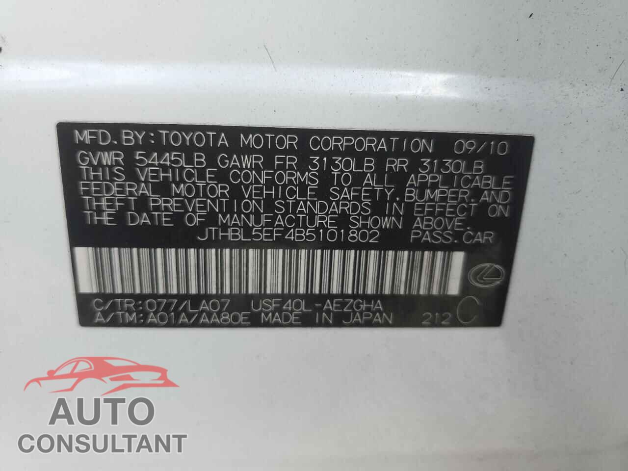 LEXUS LS460 2011 - JTHBL5EF4B5101802