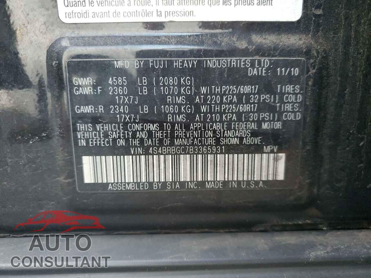 SUBARU OUTBACK 2011 - 4S4BRBGC7B3365931
