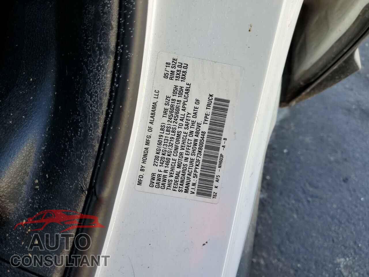HONDA RIDGELINE 2019 - 5FPYK3F73KB005448