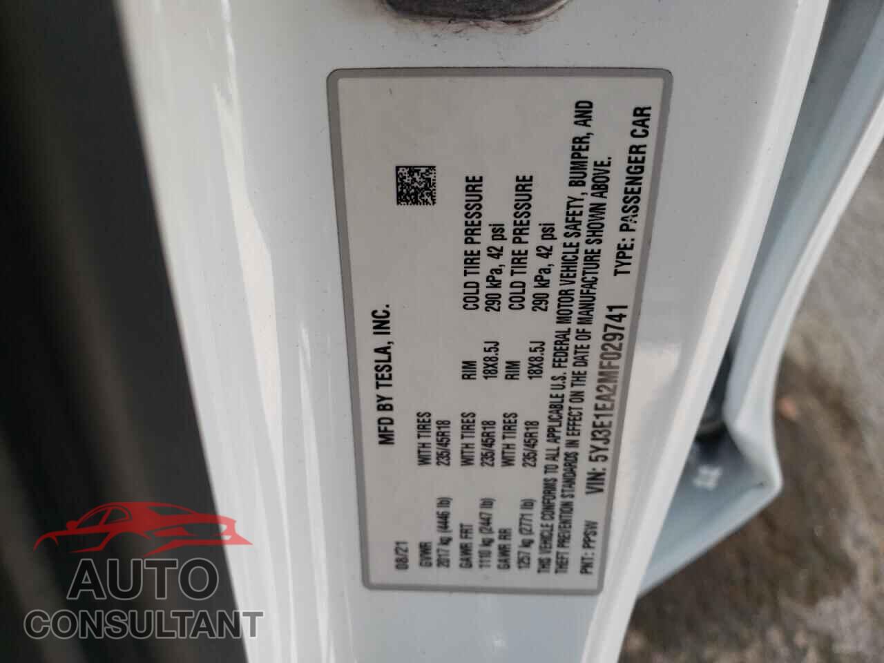 TESLA MODEL 3 2021 - 5YJ3E1EA2MF029741