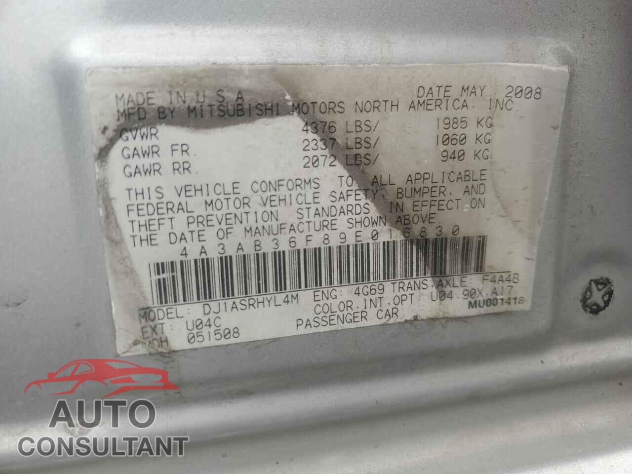MITSUBISHI GALANT 2009 - 4A3AB36F89E016830