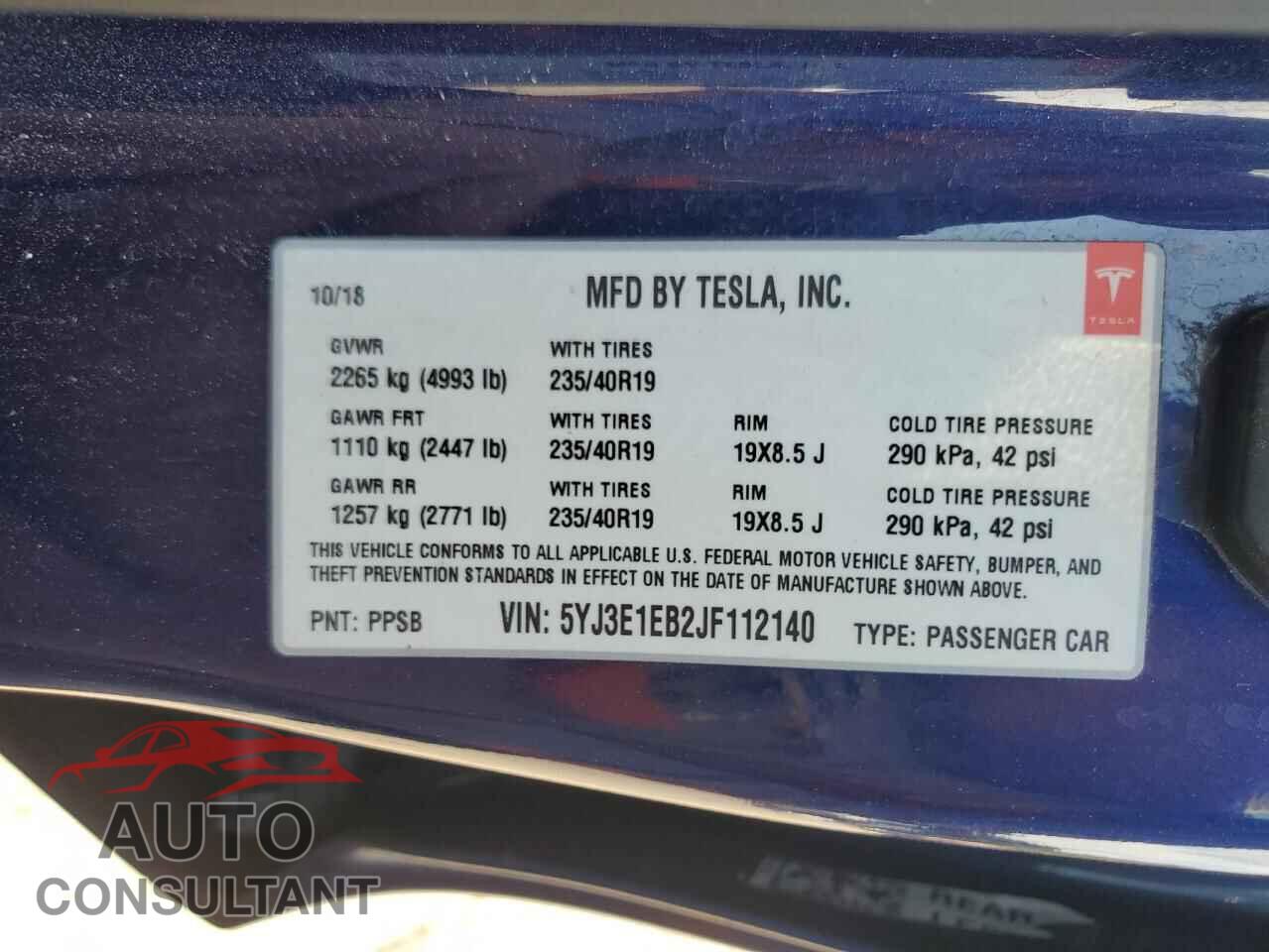 TESLA MODEL 3 2018 - 5YJ3E1EB2JF112140