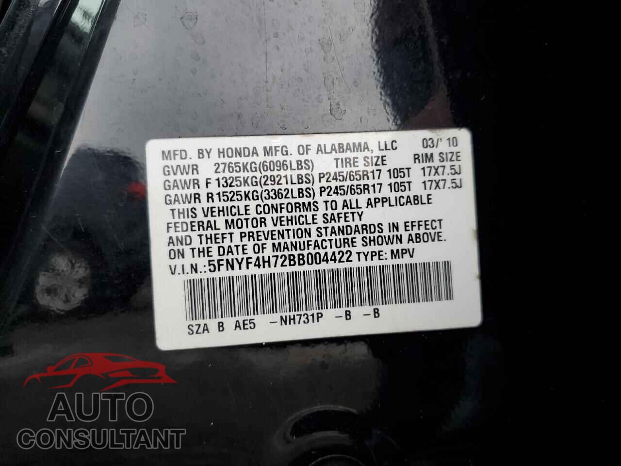 HONDA PILOT 2011 - 5FNYF4H72BB004422