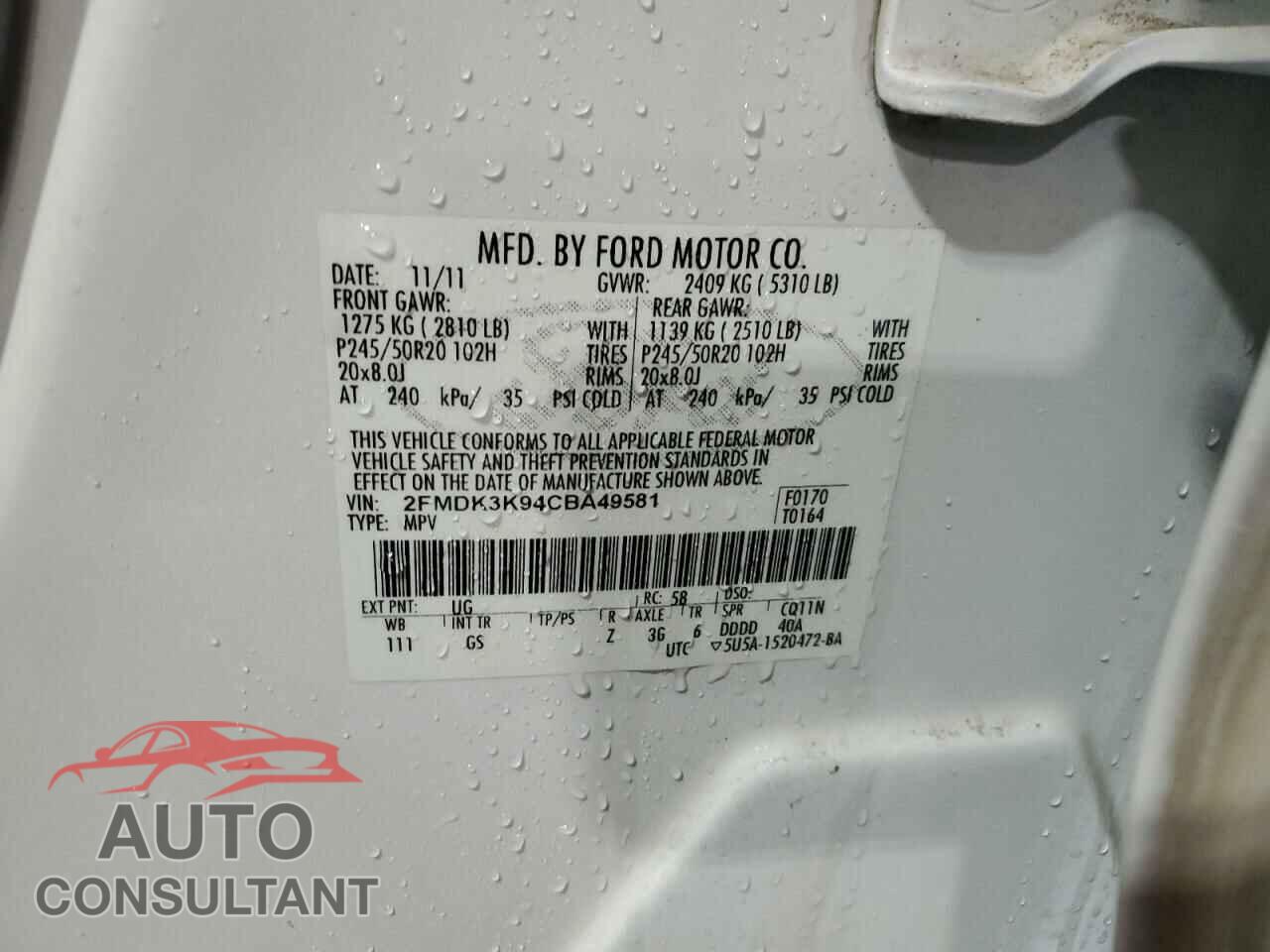 FORD EDGE 2012 - 2FMDK3K94CBA49581