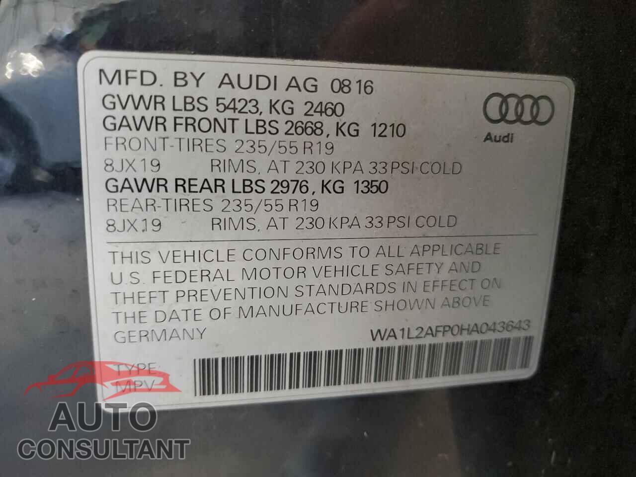 AUDI Q5 2017 - WA1L2AFP0HA043643