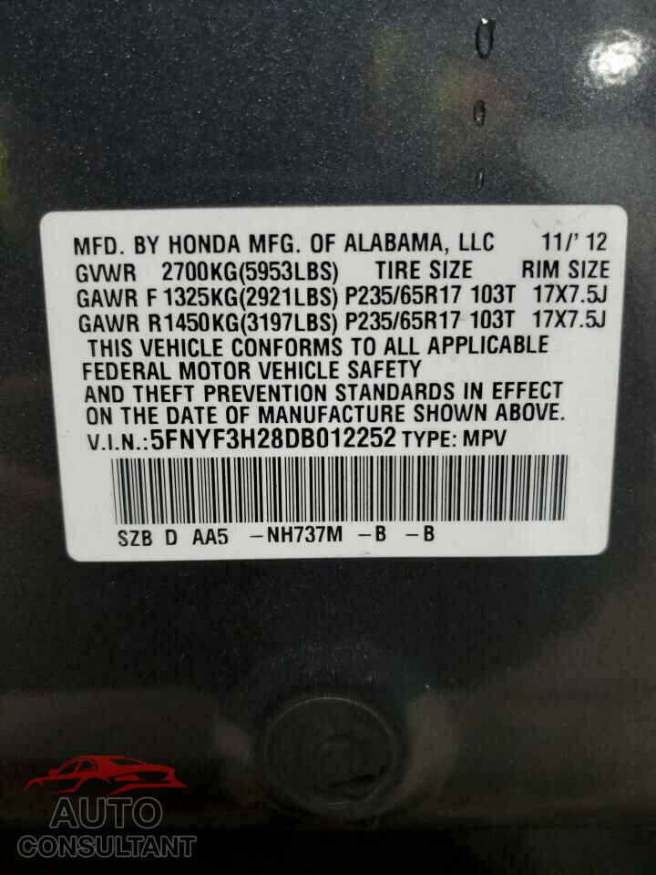 HONDA PILOT 2013 - 5FNYF3H28DB012252