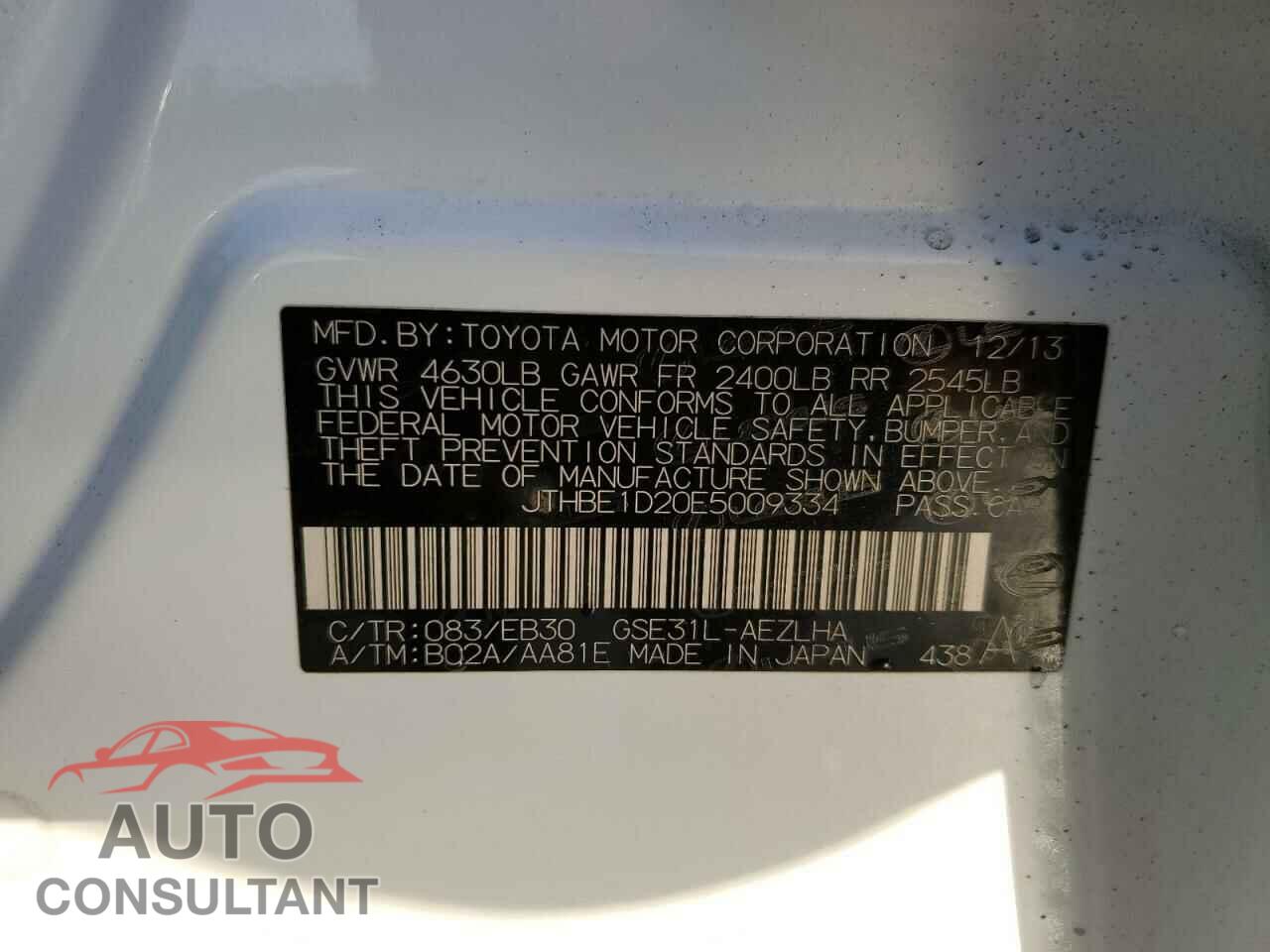 LEXUS IS 2014 - JTHBE1D20E5009334
