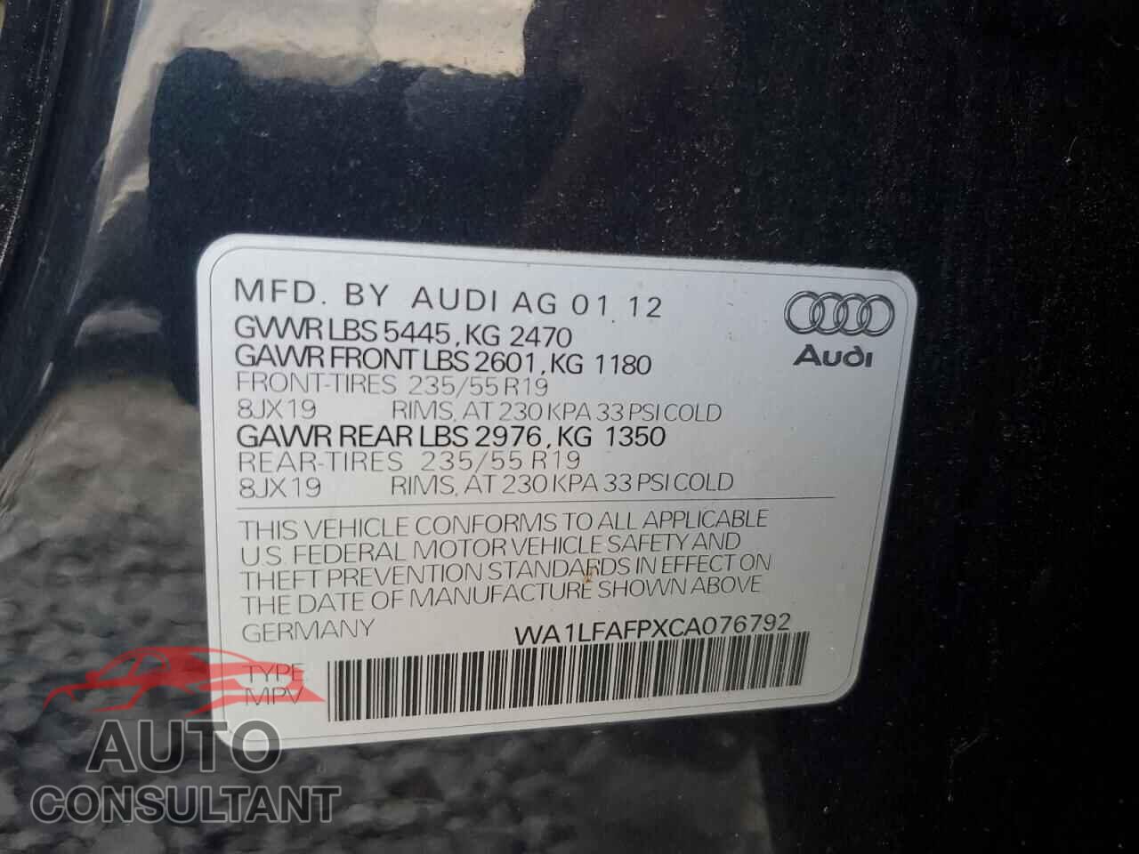 AUDI Q5 2012 - WA1LFAFPXCA076792