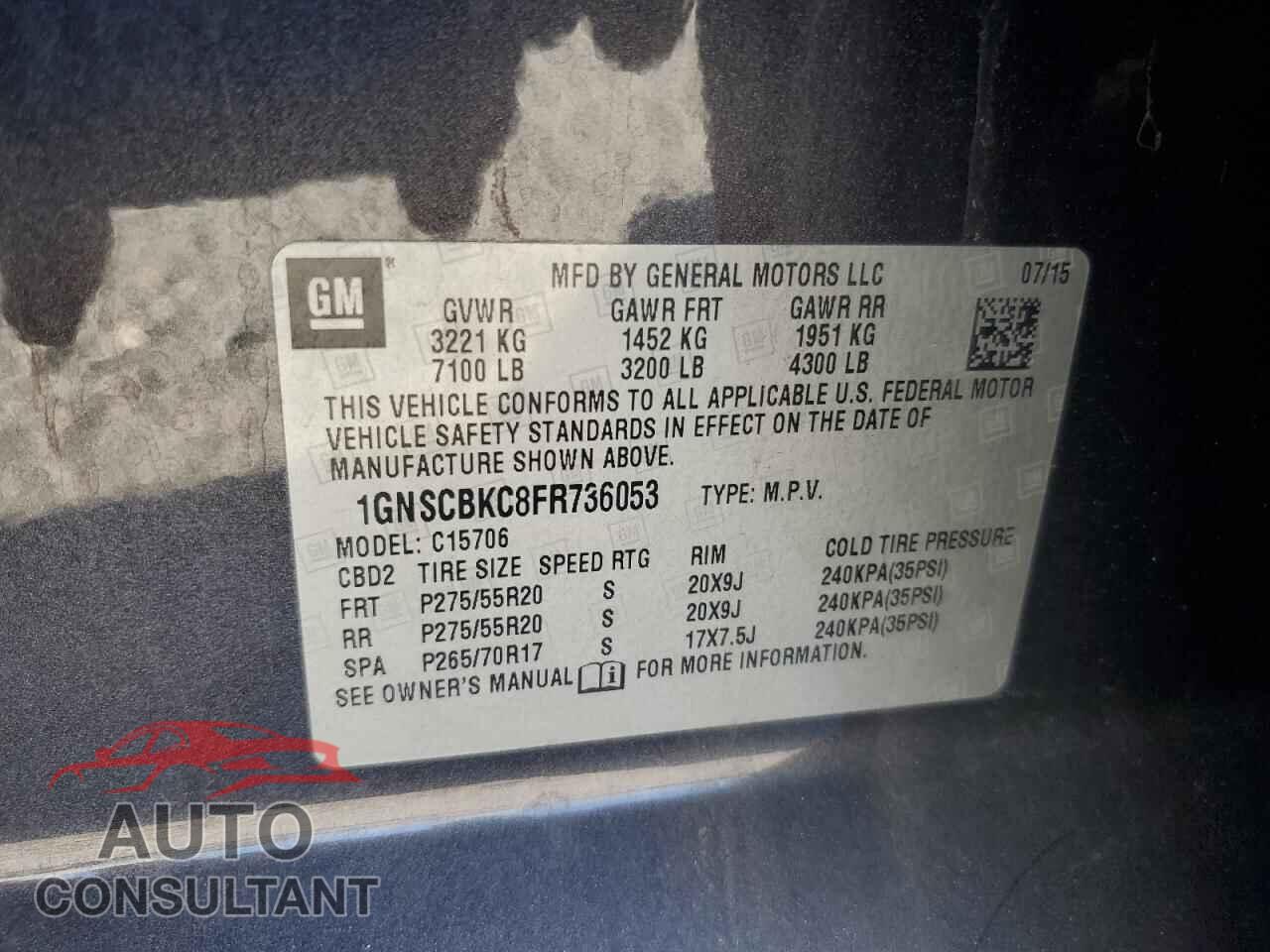 CHEVROLET TAHOE 2015 - 1GNSCBKC8FR736053