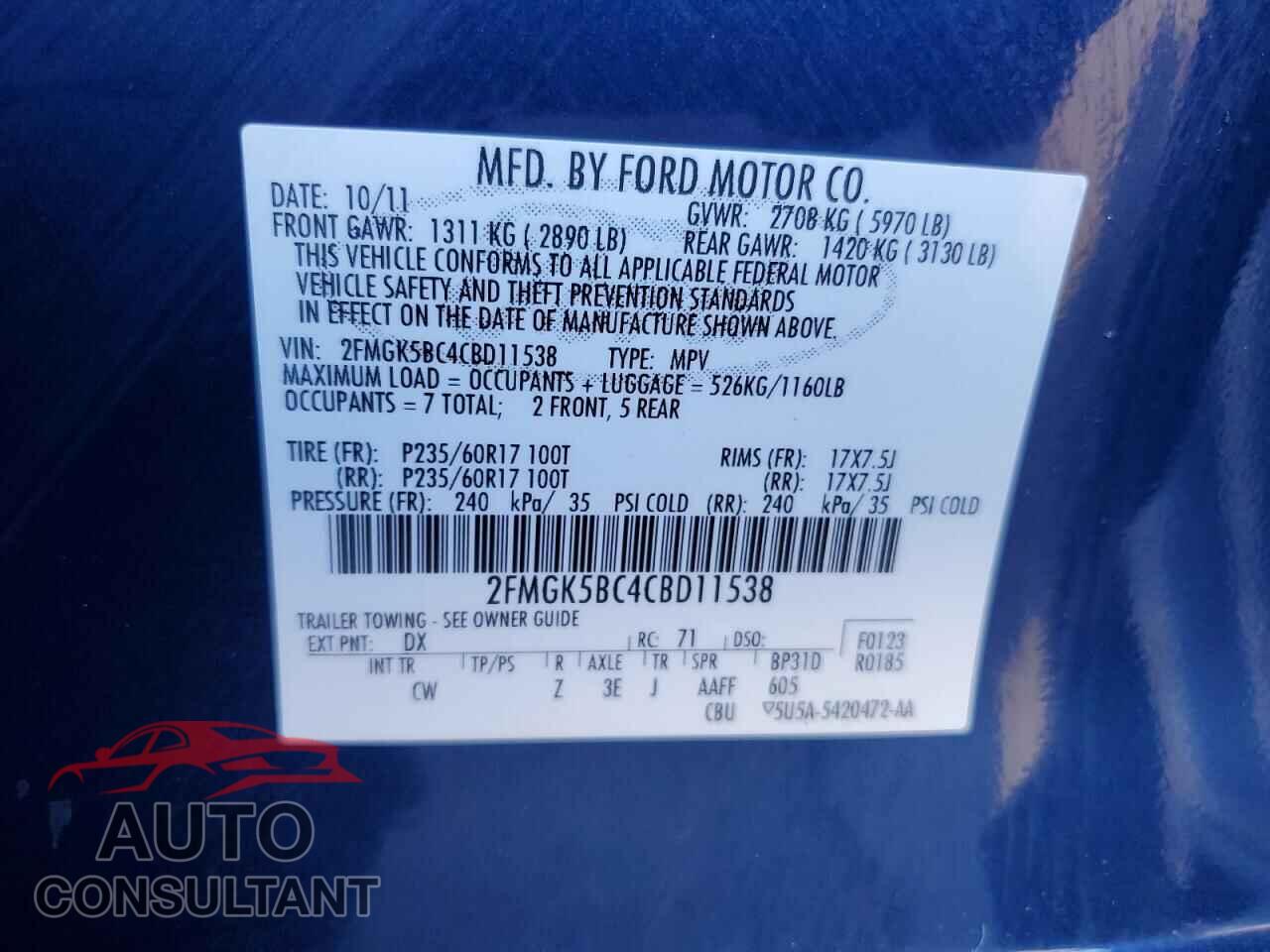 FORD FLEX 2012 - 2FMGK5BC4CBD11538