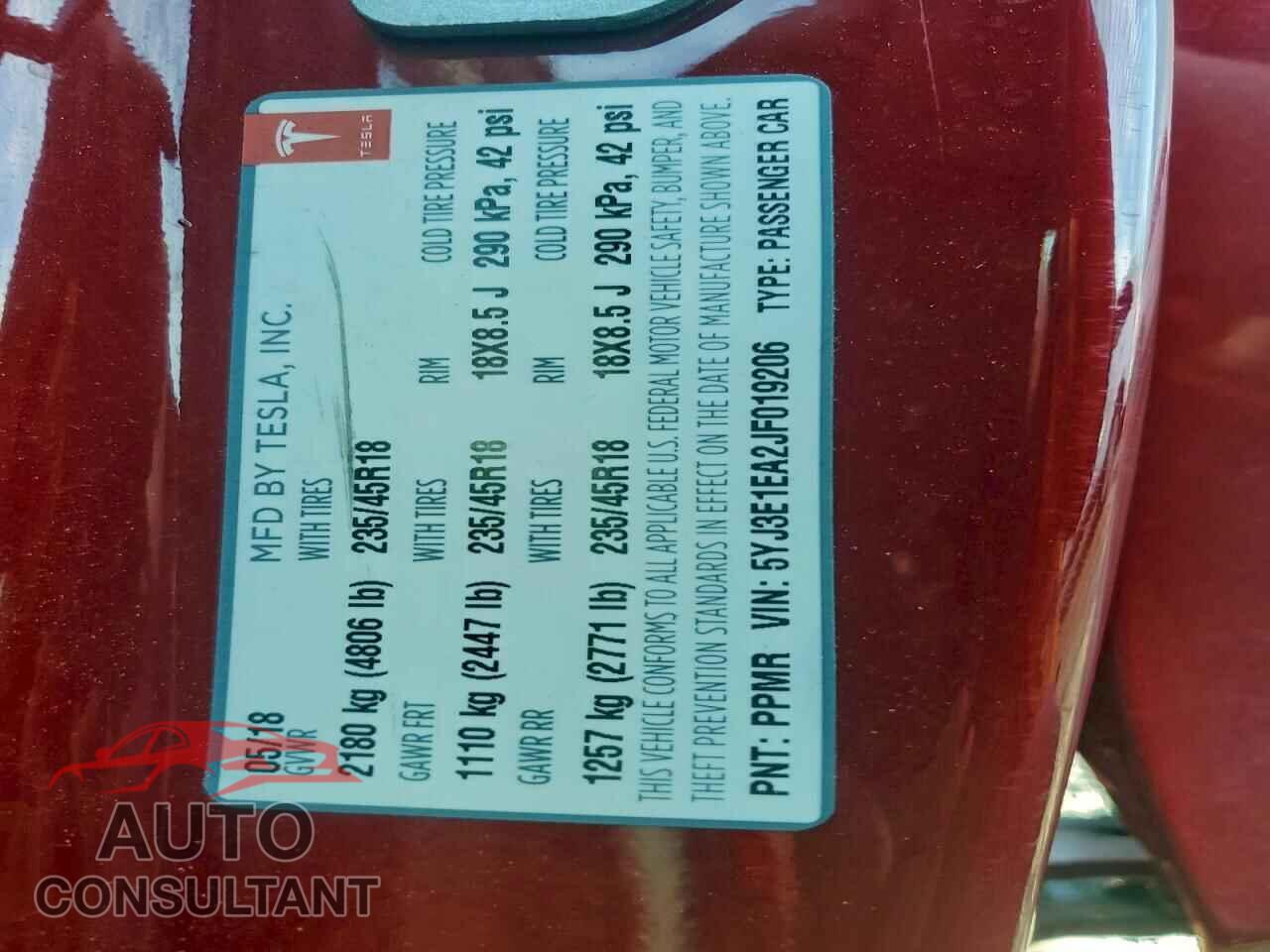 TESLA MODEL 3 2018 - 5YJ3E1EA2JF019206