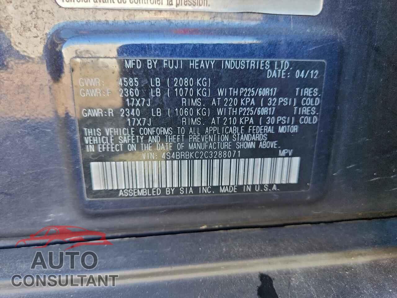 SUBARU OUTBACK 2012 - 4S4BRBKC2C3288071