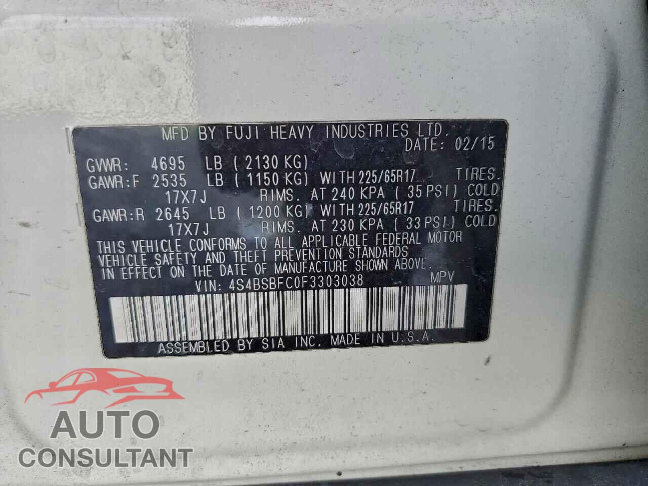 SUBARU OUTBACK 2015 - 4S4BSBFC0F3303038