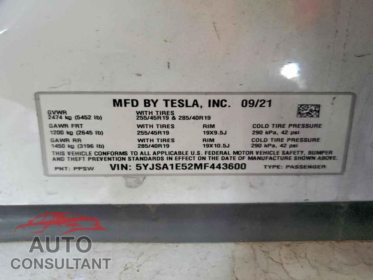 TESLA MODEL S 2021 - 5YJSA1E52MF443600