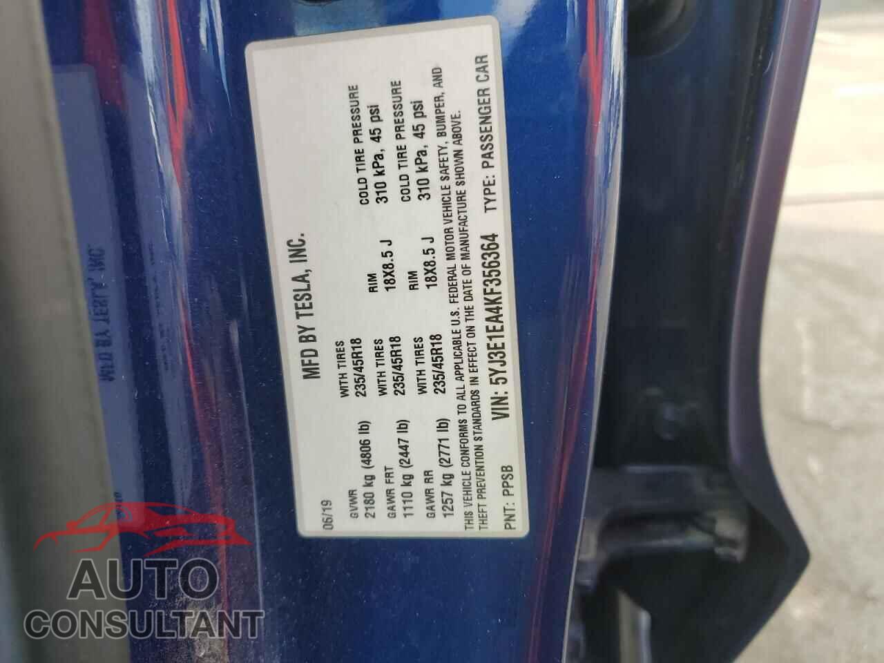 TESLA MODEL 3 2019 - 5YJ3E1EA4KF356364