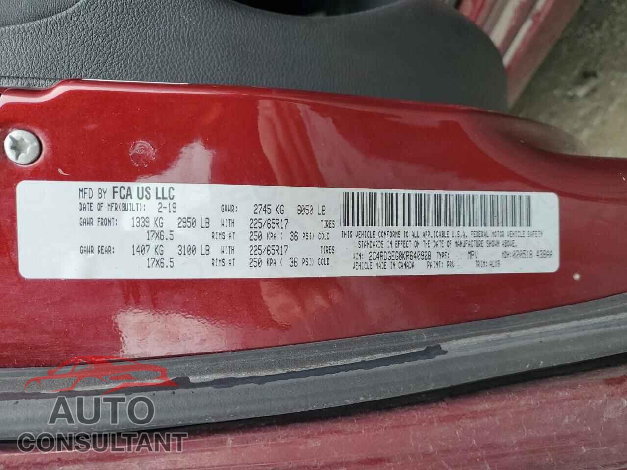 DODGE CARAVAN 2019 - 2C4RDGEG8KR640928