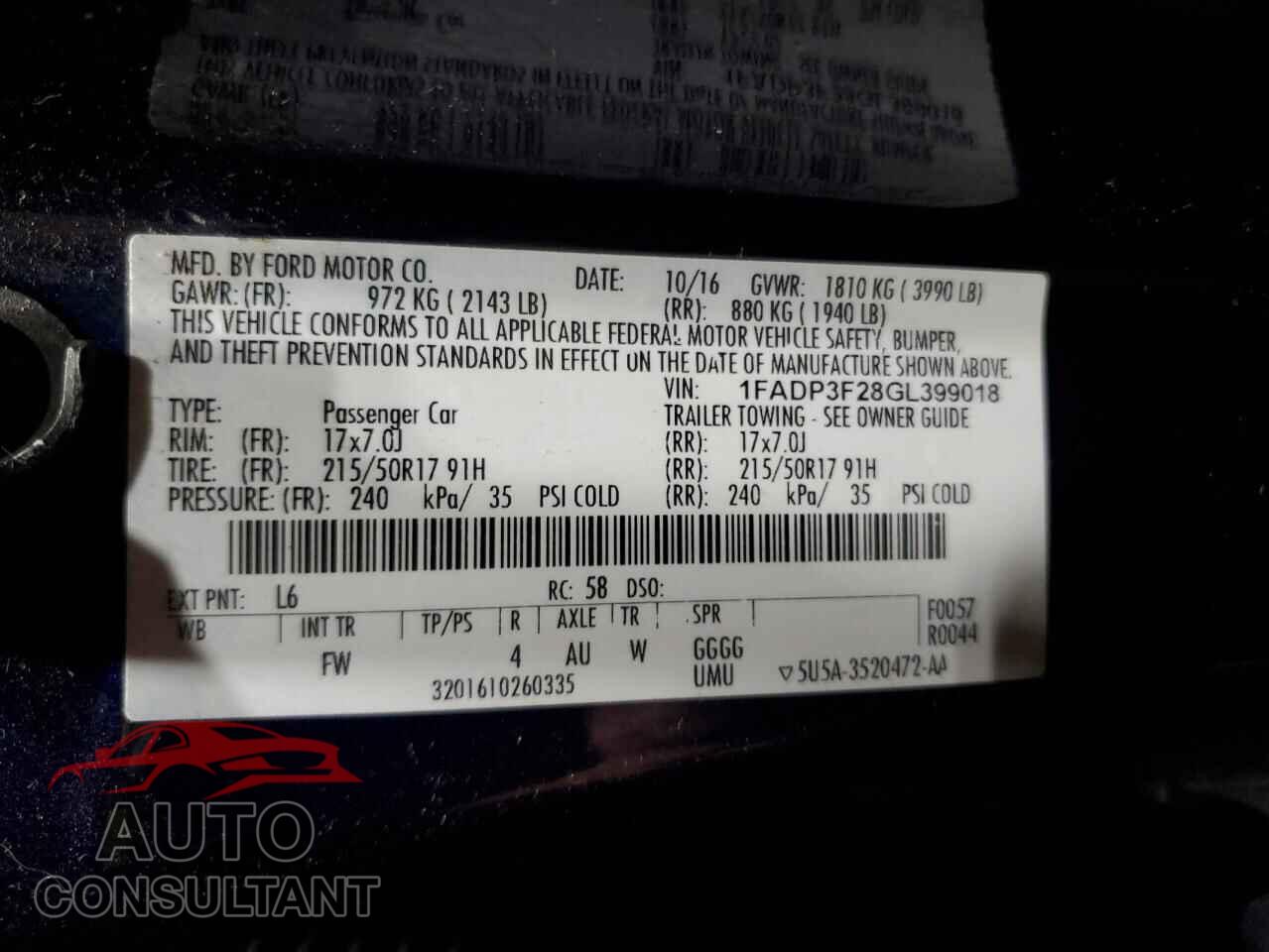 FORD FOCUS 2016 - 1FADP3F28GL399018