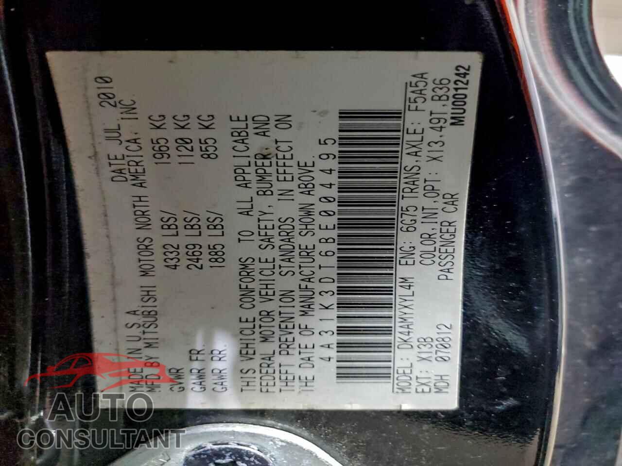 MITSUBISHI ECLIPSE 2011 - 4A31K3DT6BE004495