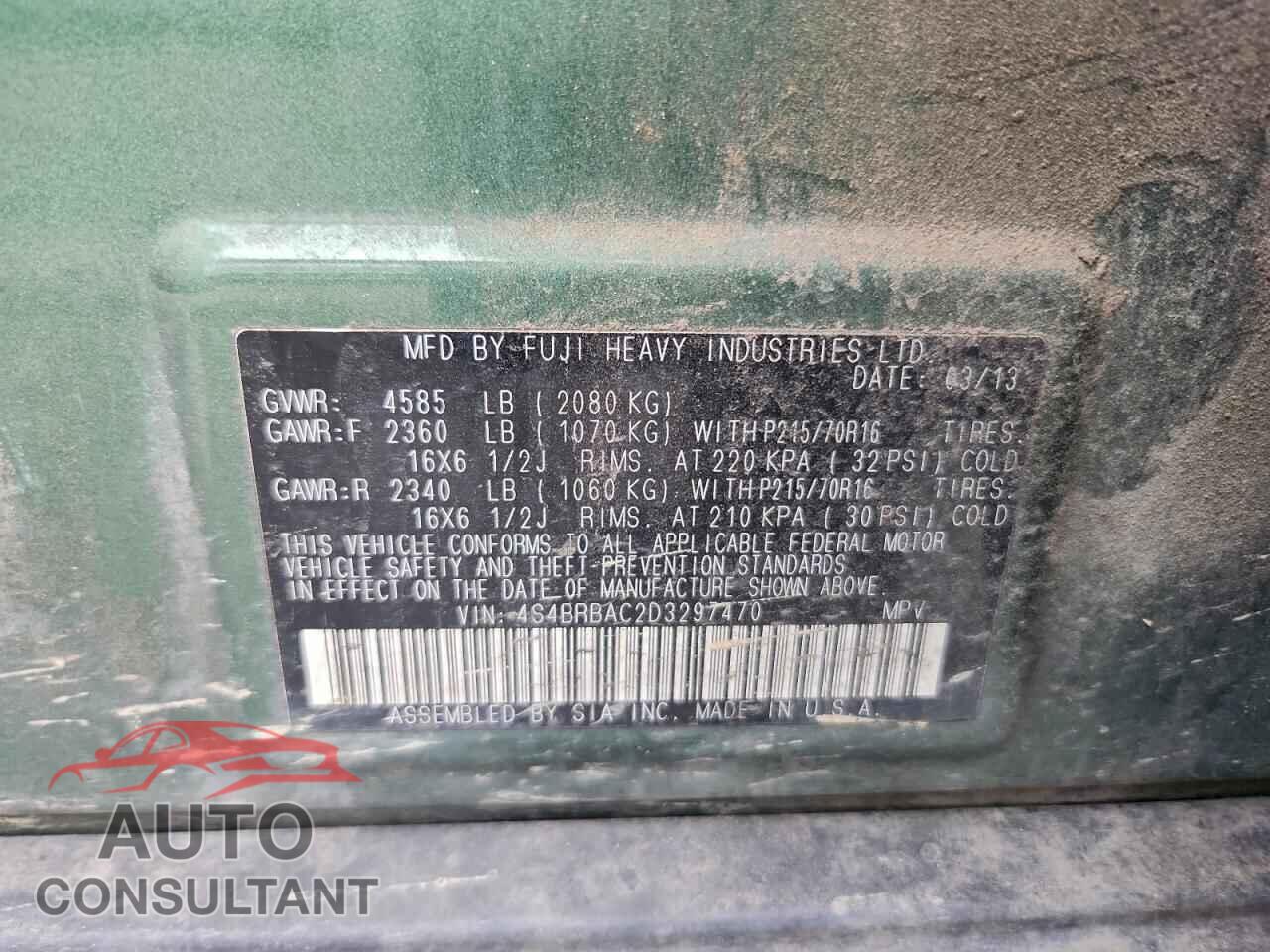 SUBARU OUTBACK 2013 - 4S4BRBAC2D3297470