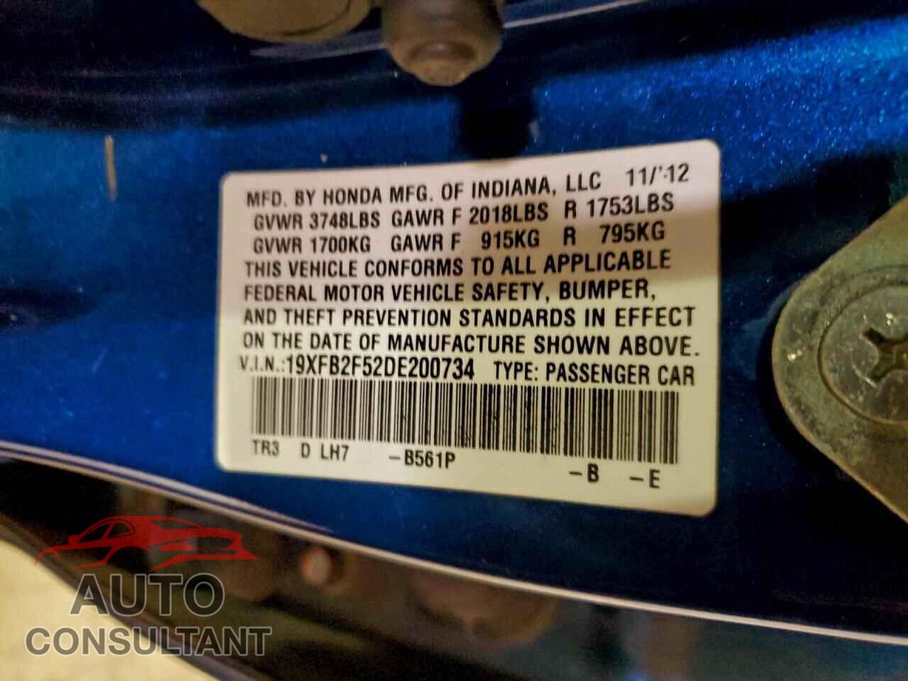 HONDA CIVIC 2013 - 19XFB2F52DE200734