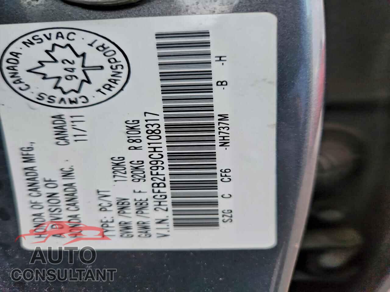 HONDA CIVIC 2012 - 2HGFB2F99CH108317