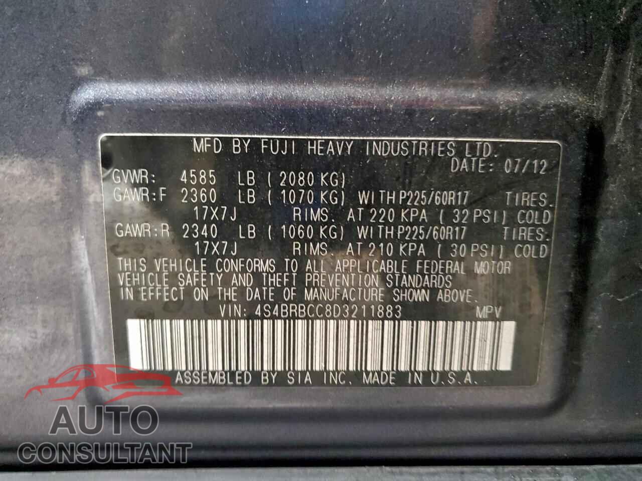SUBARU OUTBACK 2013 - 4S4BRBCC8D3211883