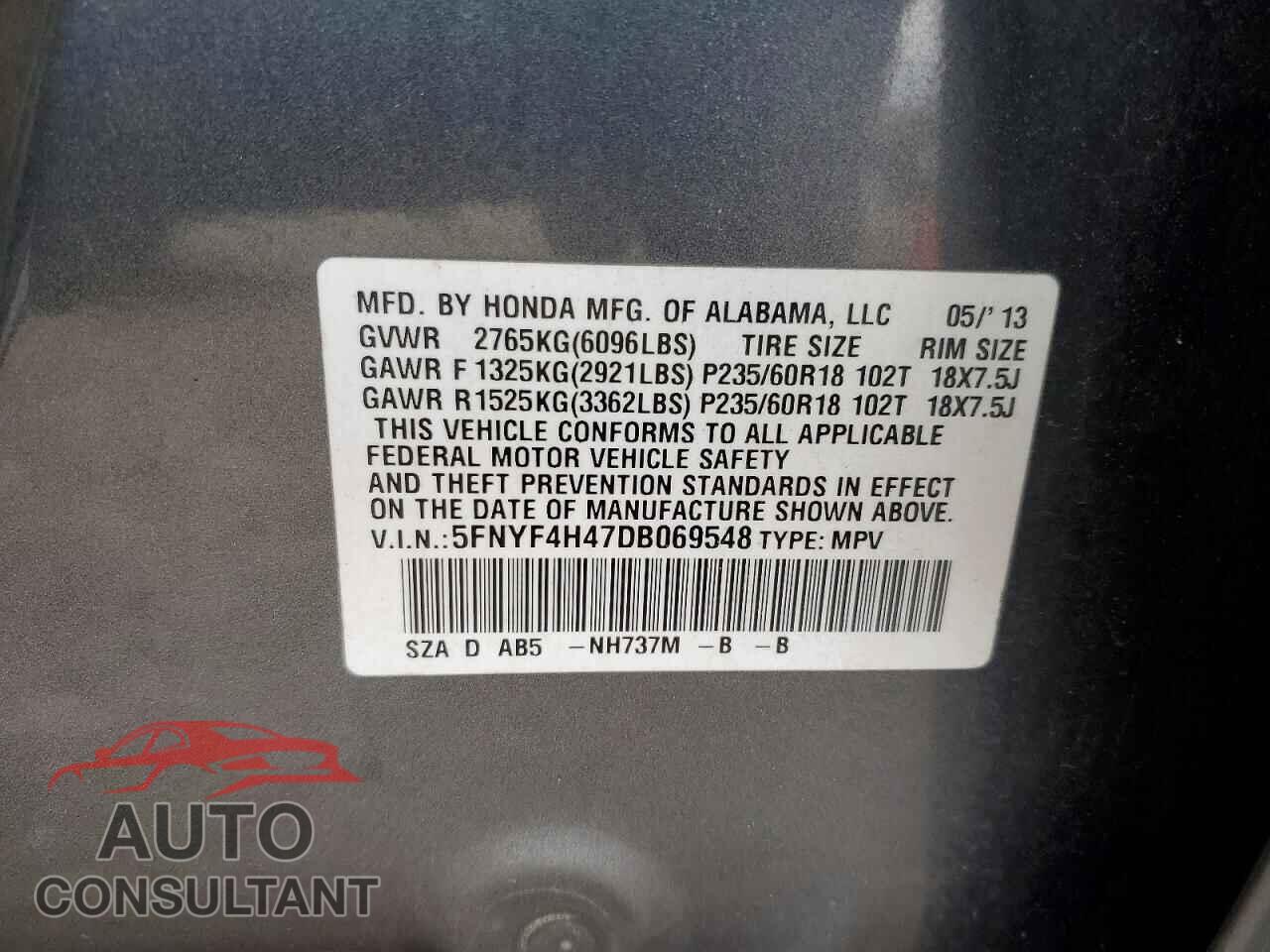 HONDA PILOT 2013 - 5FNYF4H47DB069548