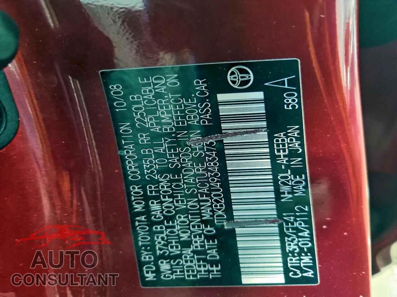 TOYOTA PRIUS 2009 - JTDKB20U493483473