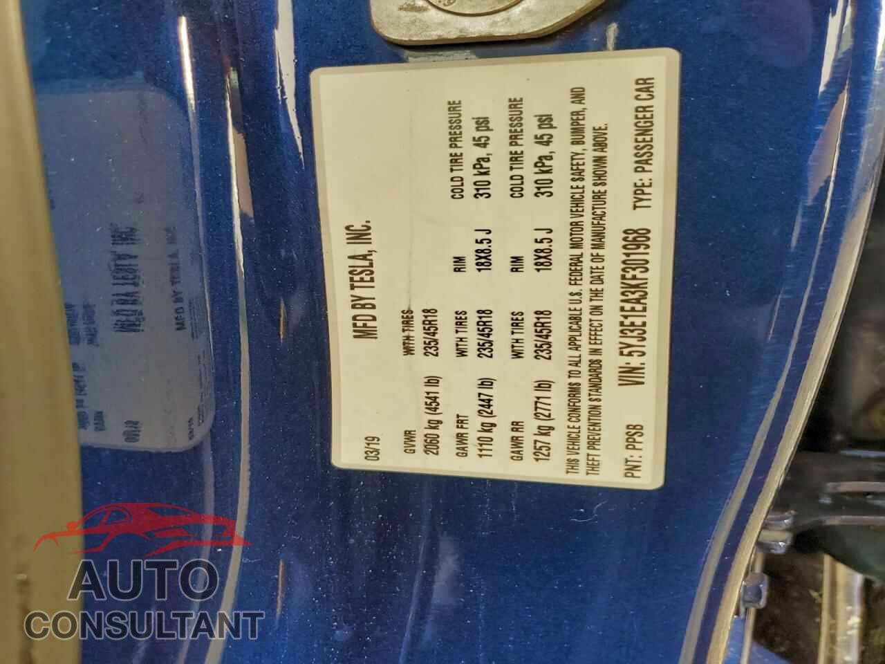 TESLA MODEL 3 2019 - 5YJ3E1EA3KF301968