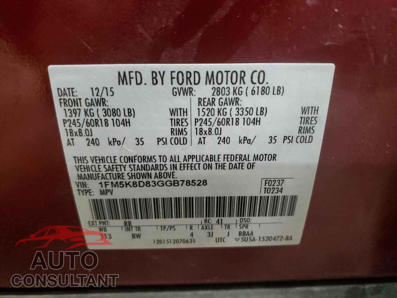 FORD EXPLORER 2016 - 1FM5K8D83GGB78528