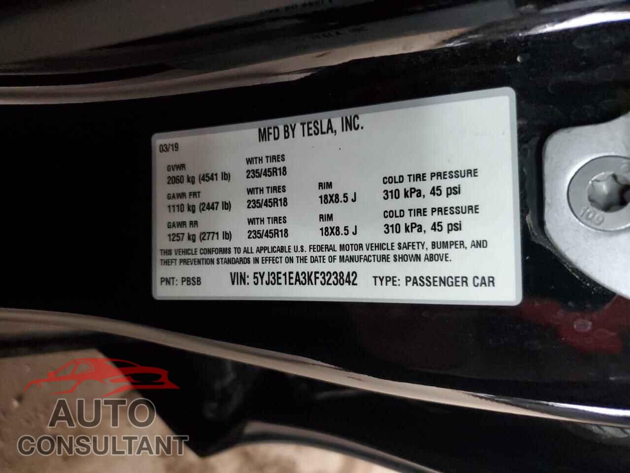 TESLA MODEL 3 2019 - 5YJ3E1EA3KF323842