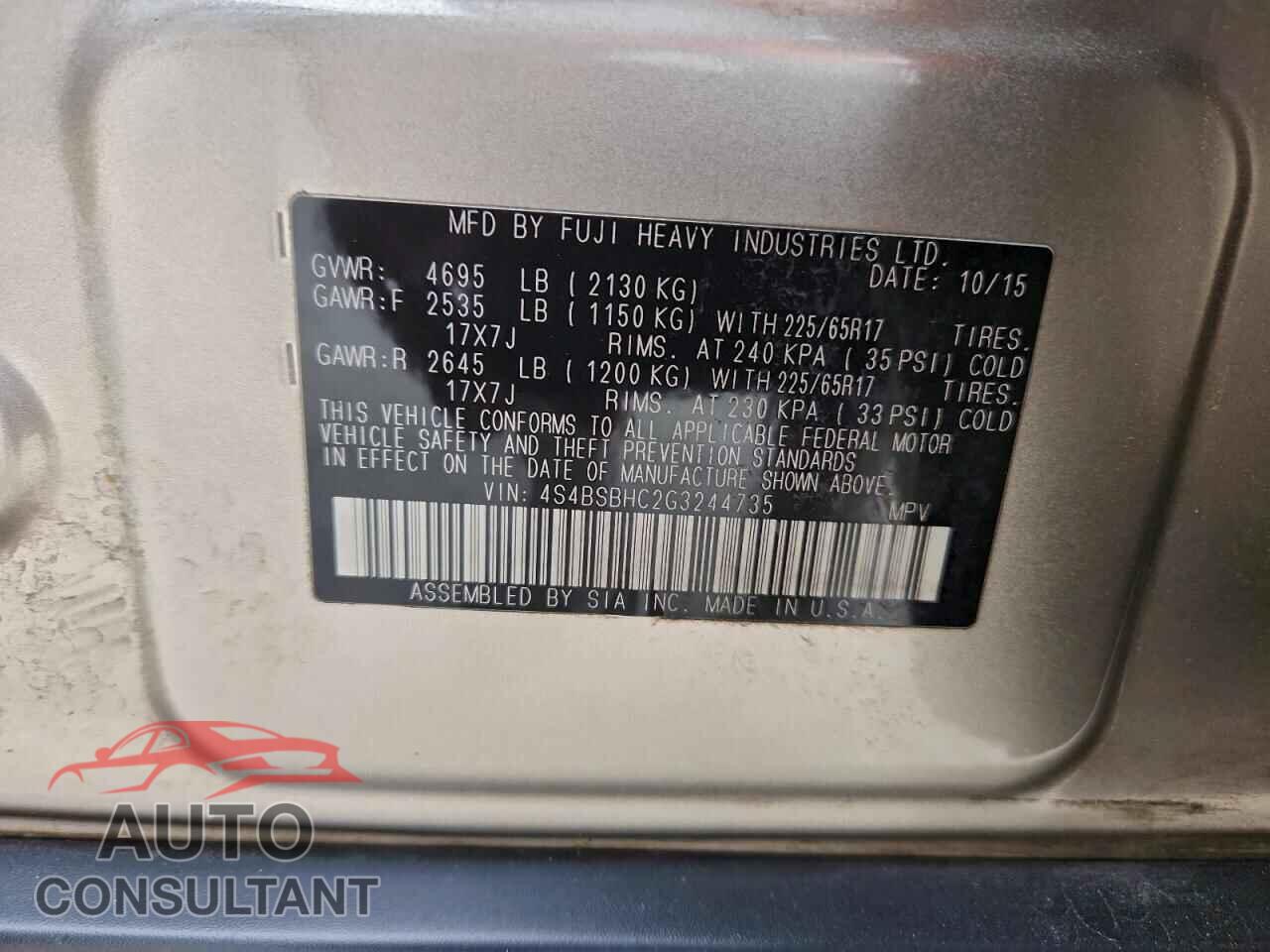 SUBARU OUTBACK 2016 - 4S4BSBHC2G3244735