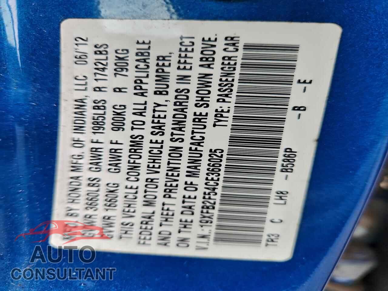 HONDA CIVIC 2012 - 19XFB2F54CE366025