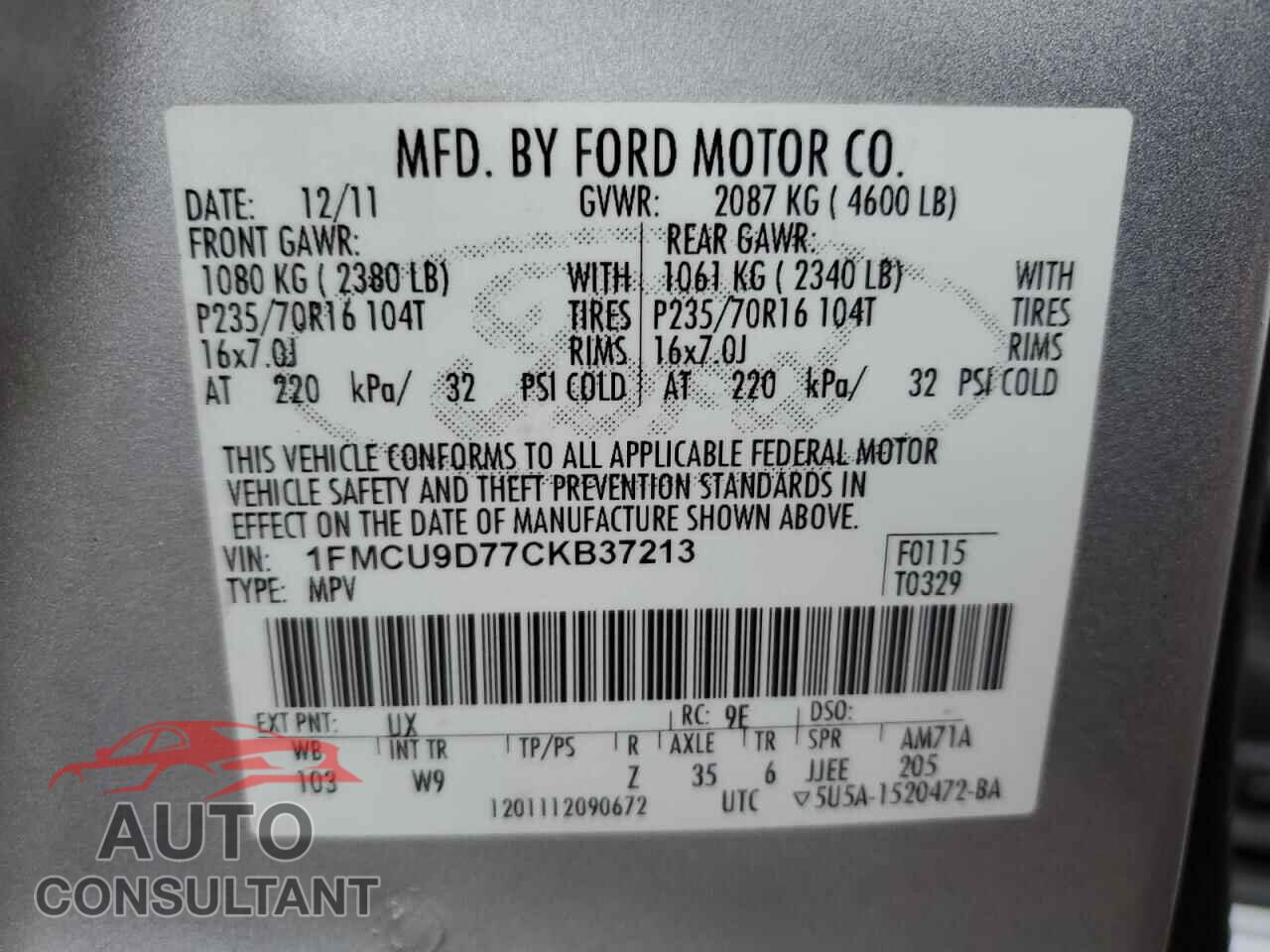 FORD ESCAPE 2012 - 1FMCU9D77CKB37213