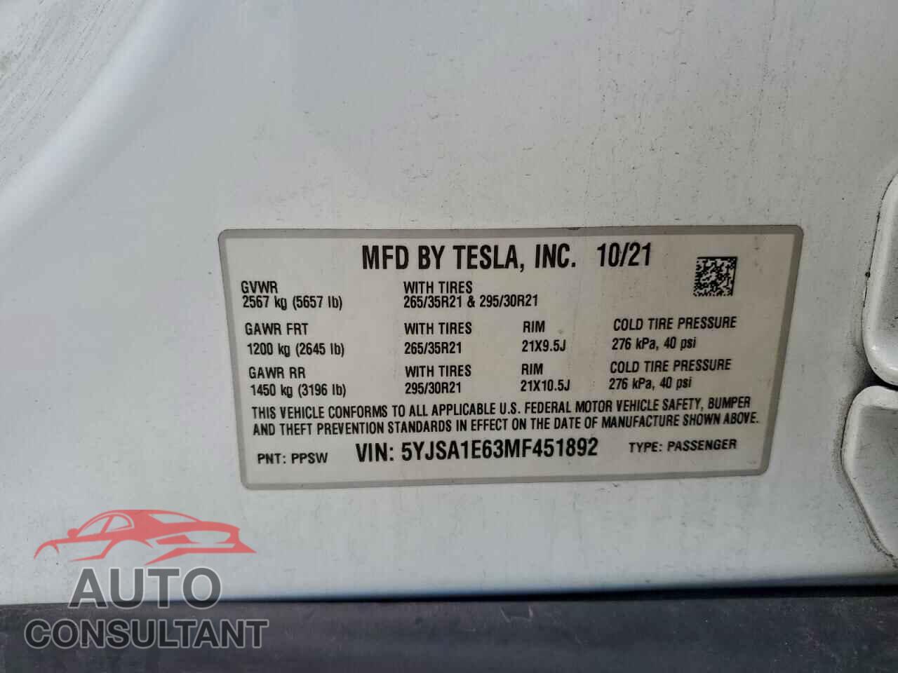 TESLA MODEL S 2021 - 5YJSA1E63MF451892