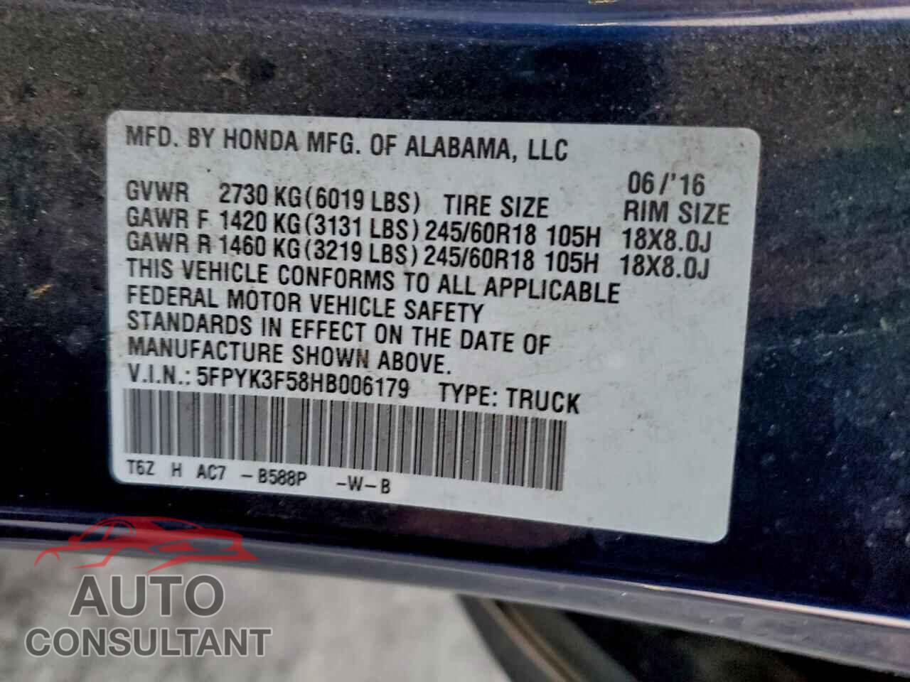 HONDA RIDGELINE 2017 - 5FPYK3F58HB006179