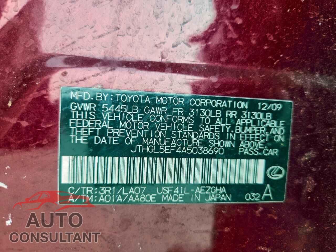 LEXUS LS460 2010 - JTHGL5EF4A5038690