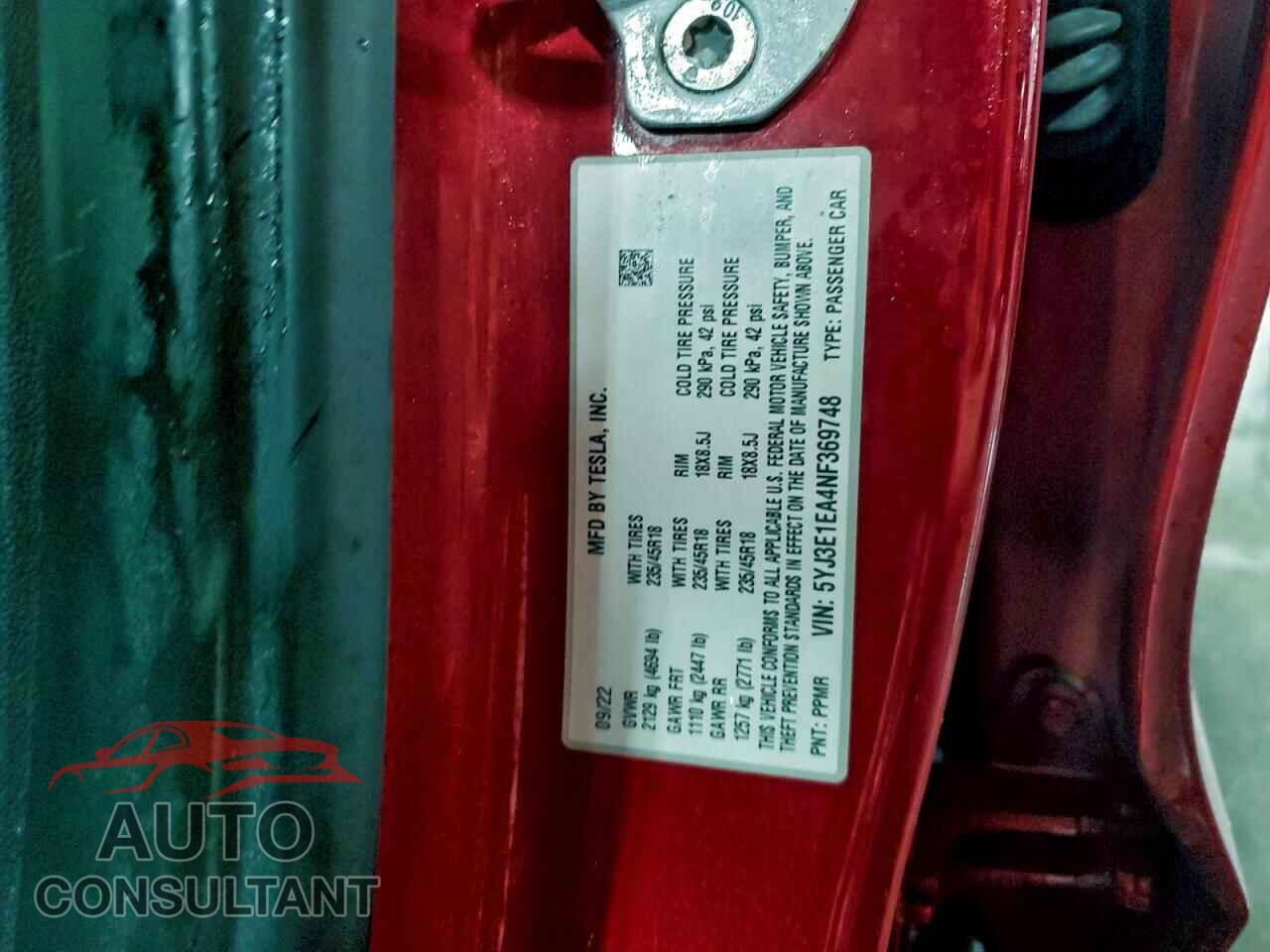 TESLA MODEL 3 2022 - 5YJ3E1EA4NF369748