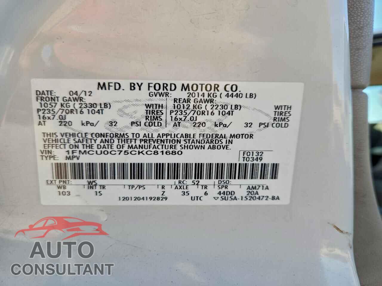 FORD ESCAPE 2012 - 1FMCU0C75CKC81680
