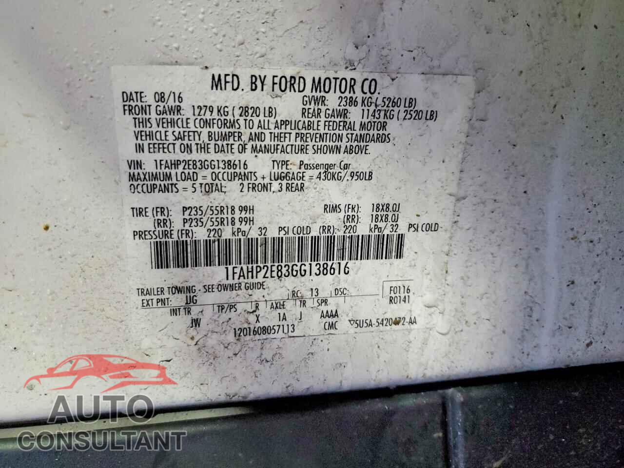 FORD TAURUS 2016 - 1FAHP2E83GG138616