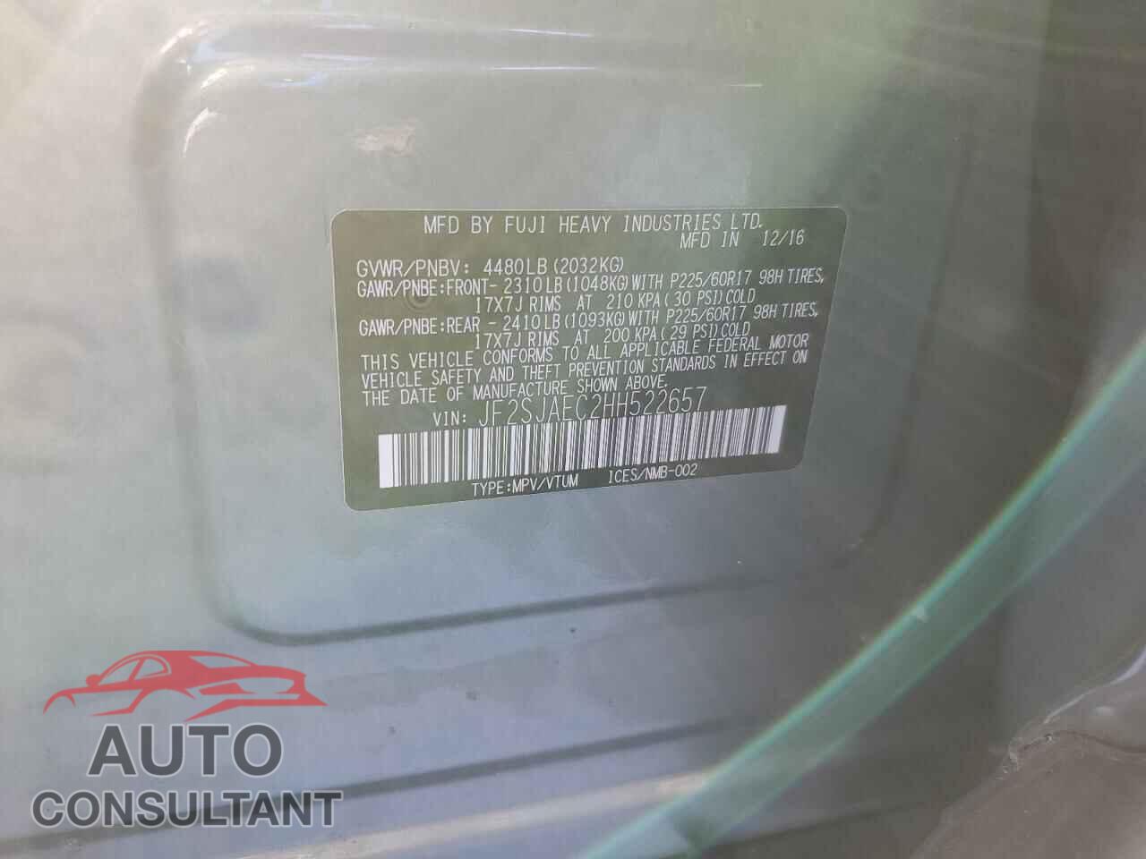 SUBARU FORESTER 2017 - JF2SJAEC2HH522657
