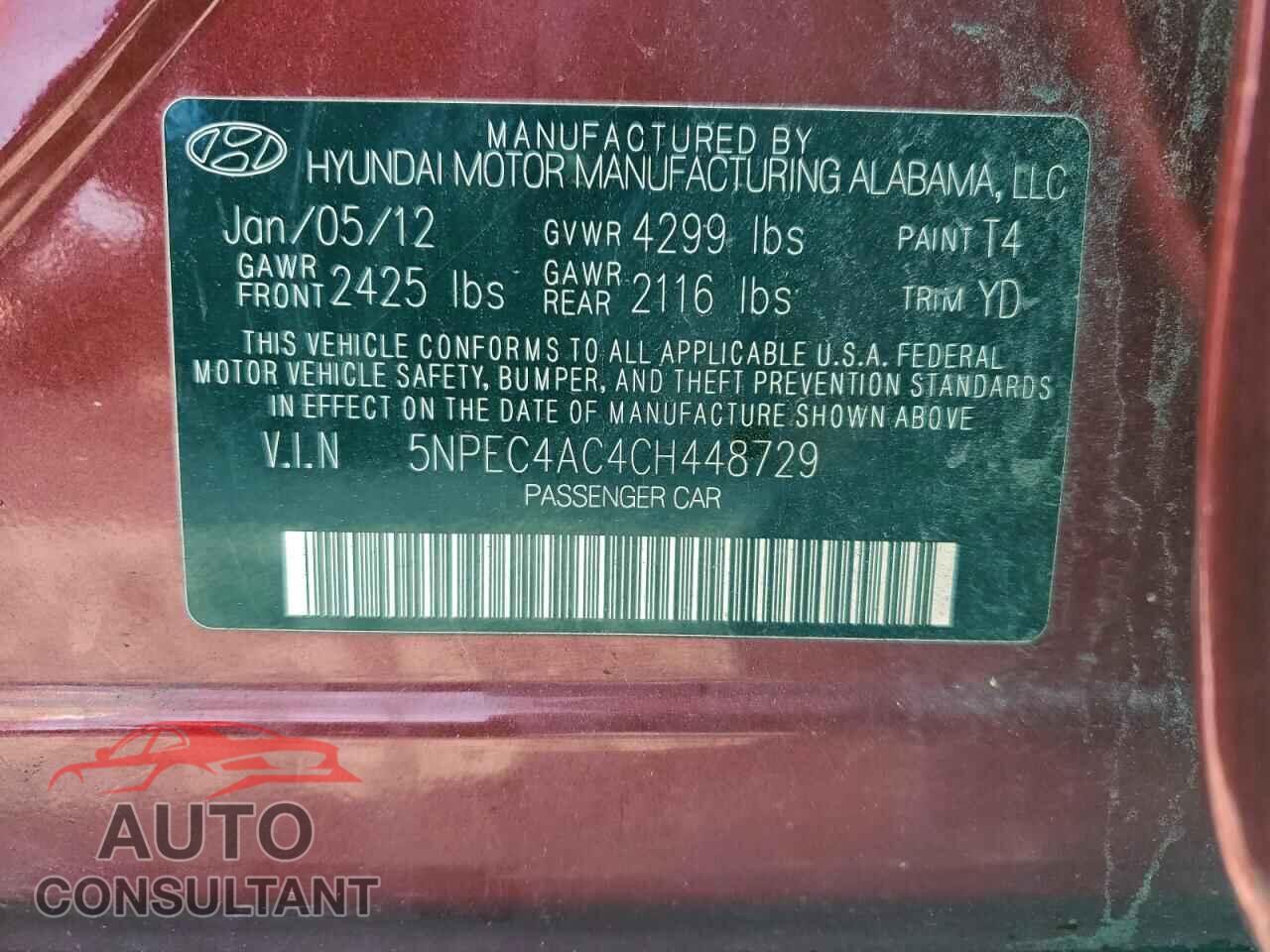 HYUNDAI SONATA 2012 - 5NPEC4AC4CH448729