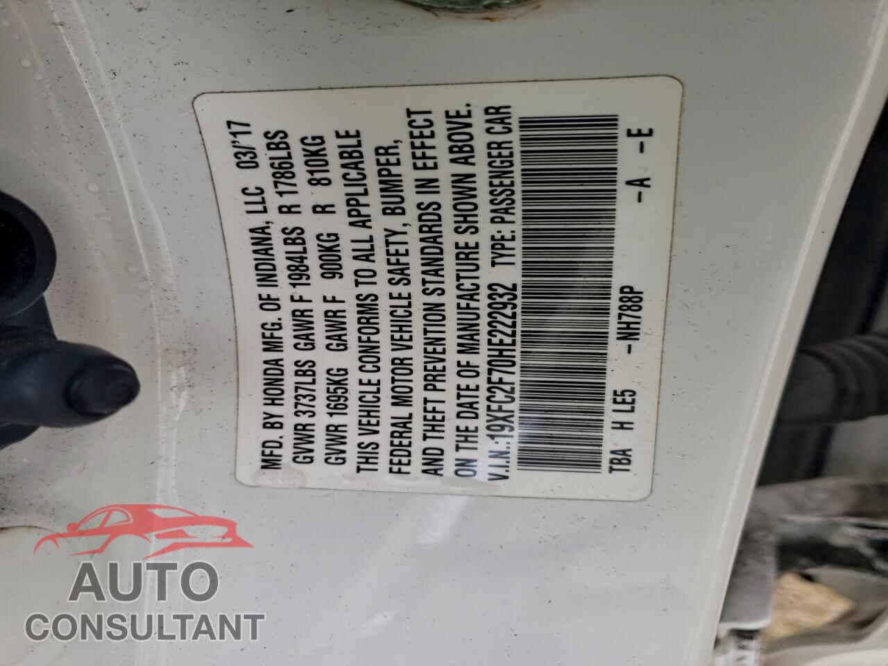 HONDA CIVIC 2017 - 19XFC2F70HE222932