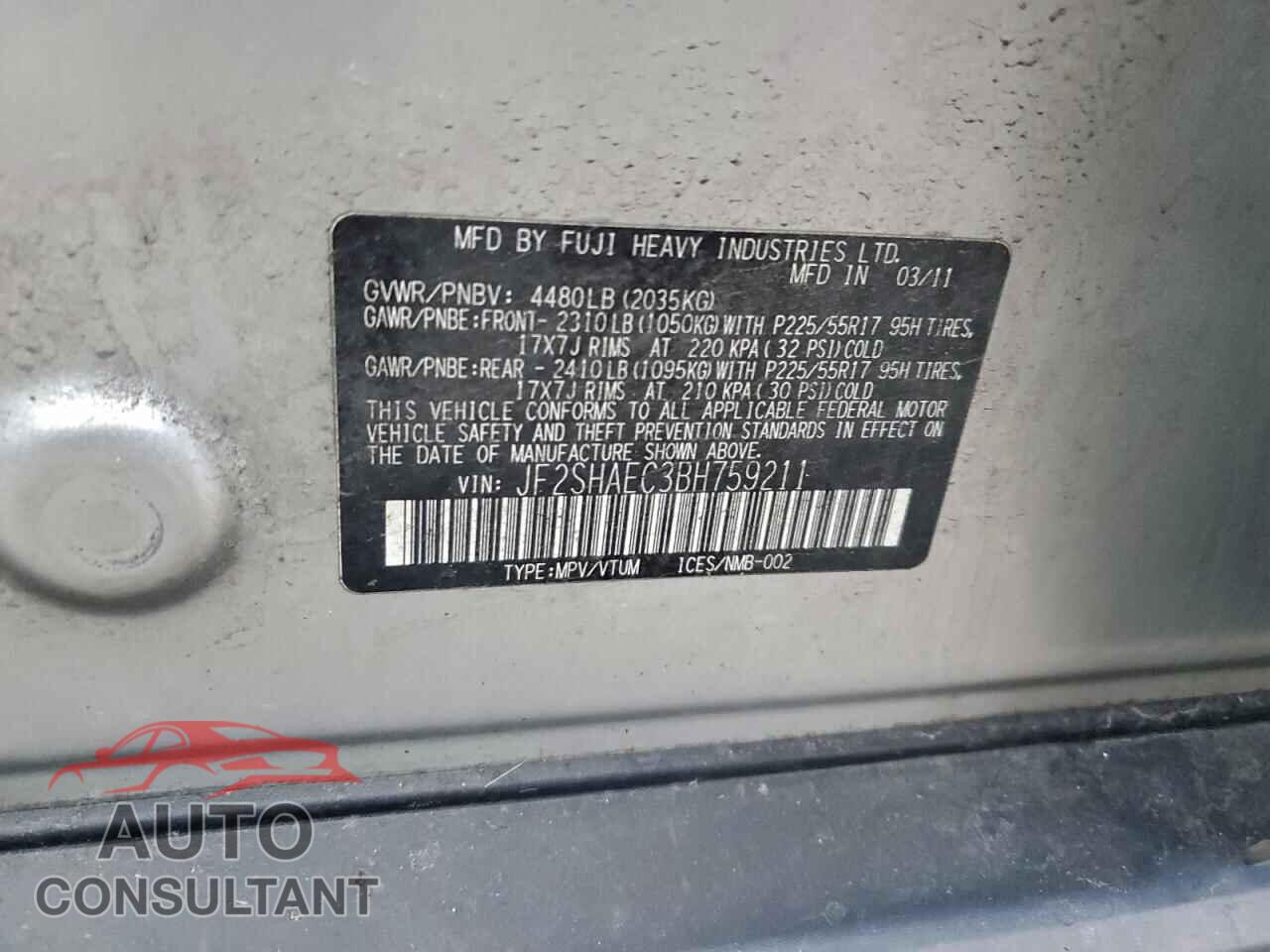 SUBARU FORESTER 2011 - JF2SHAEC3BH759211
